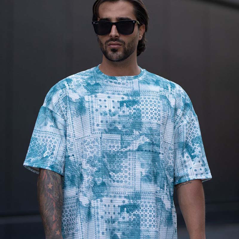 تیشرت مراکشی چاپی سبزآبی مردانه مدل Ramin