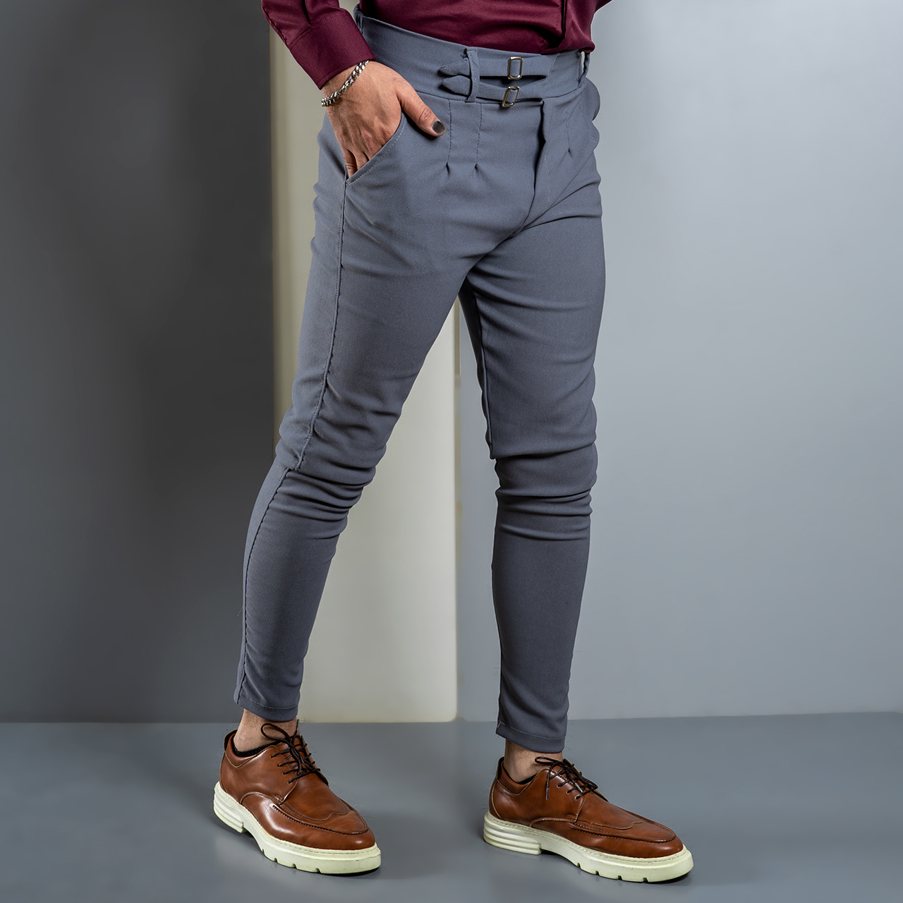 شلوار دو سگک طوسی تیره مردانه مدل Migel