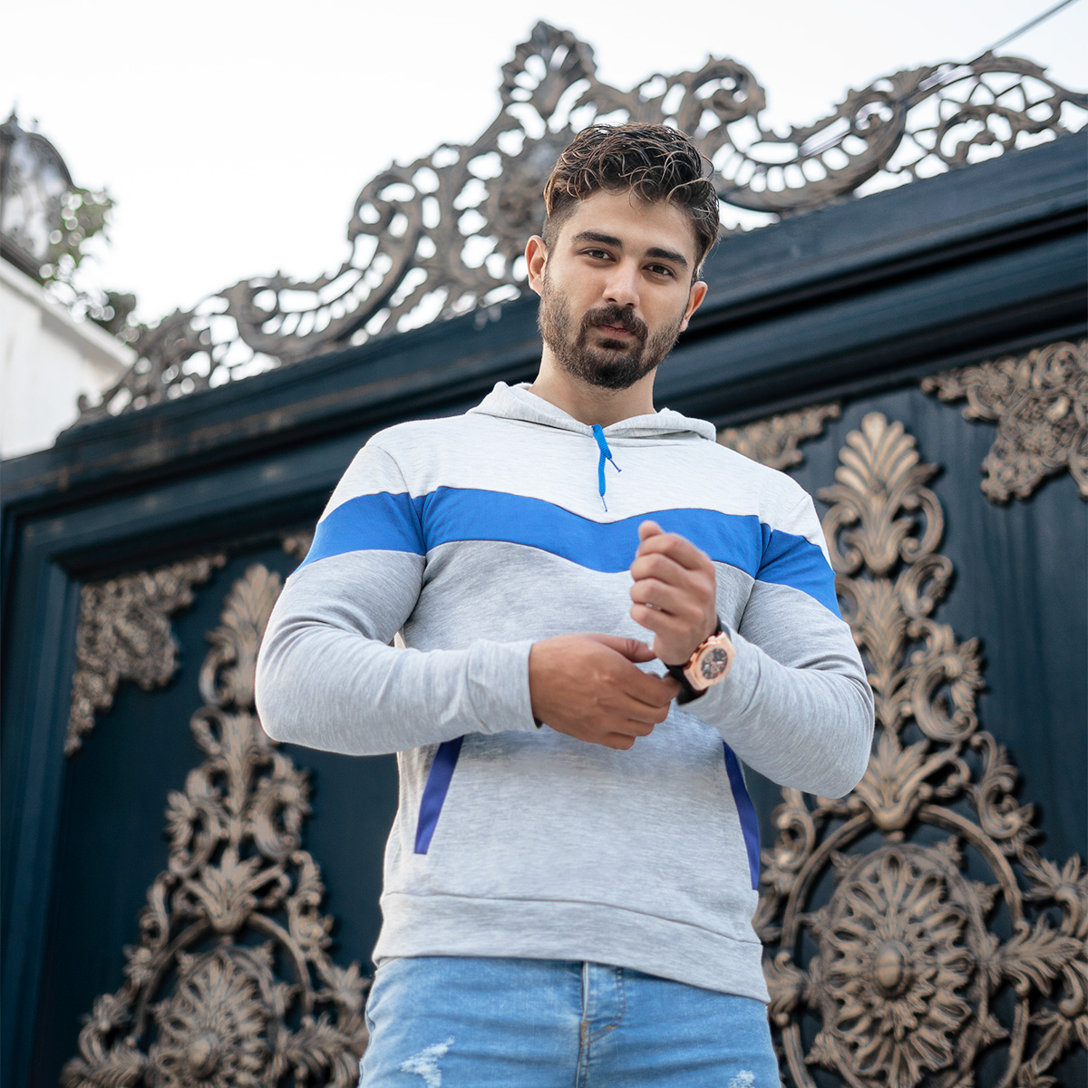 هودی مردانه مدل aykan دو رنگ ملانژ آبی