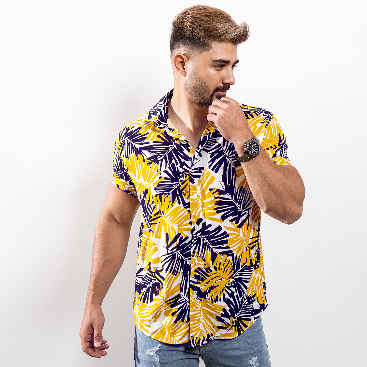 پیراهن هاوایی زرد مردانه مدل Hogo