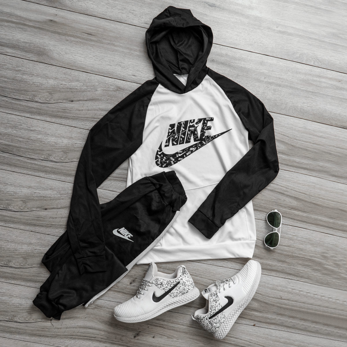 ست هودی شلوار نایک مشکی سفید مردانه مدل S28